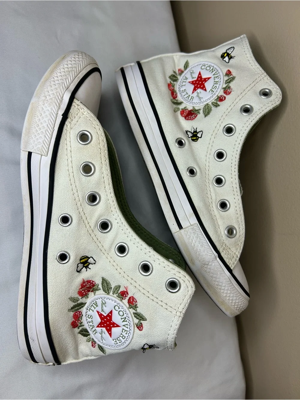 Converse Kids' White High-Top Sneakers with Strawberries & Bee Embroidery
